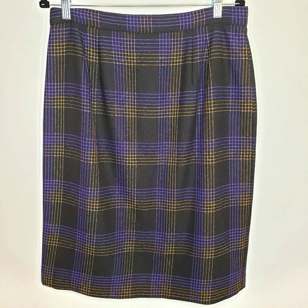 Vintage Career Guild Plaid Purple and Black Lined Pencil Skirt U.S.A. Size 16